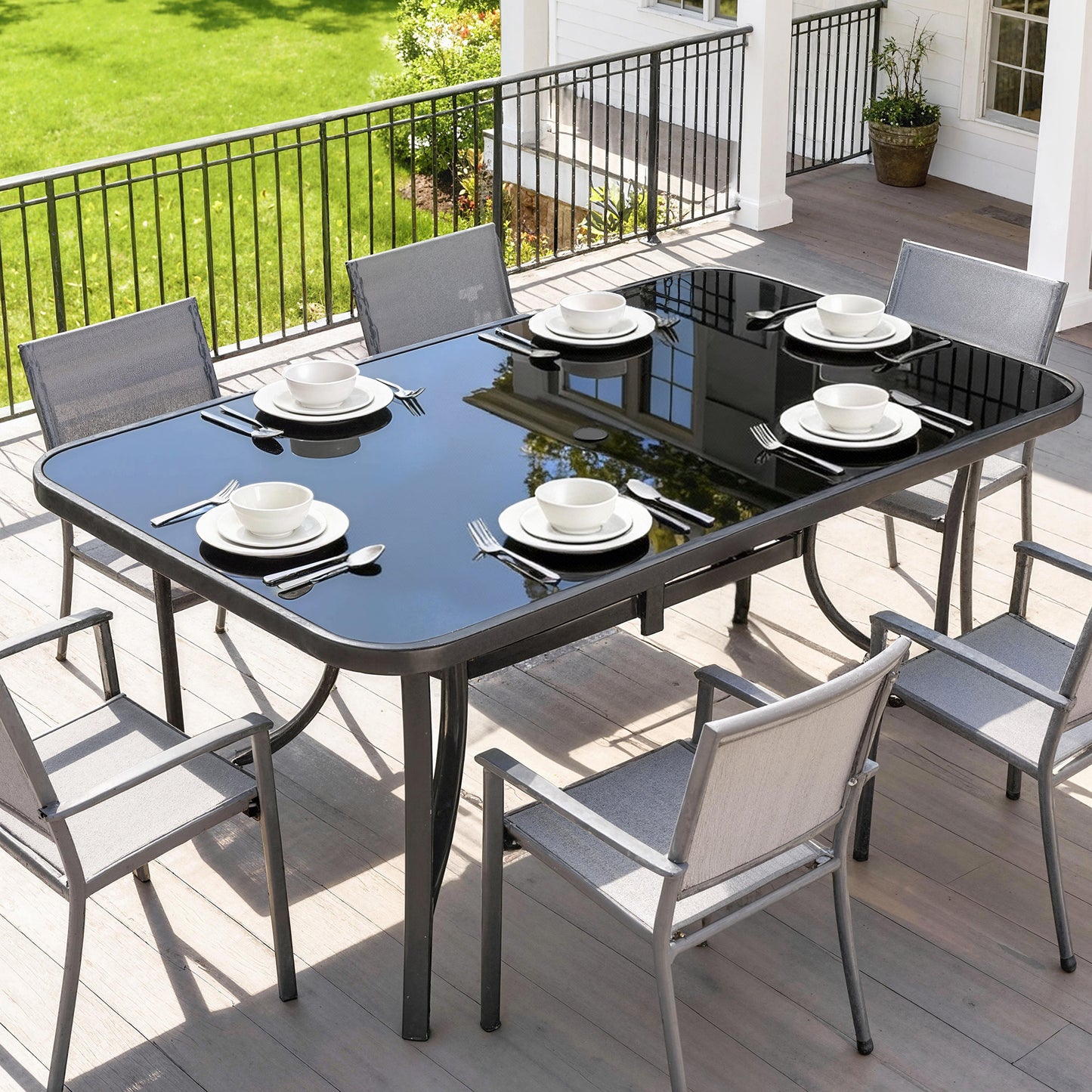 Outdoor Dining Table for 6 with Umbrella Hole, Metal Patio Dining Table with Tempered Glass Top