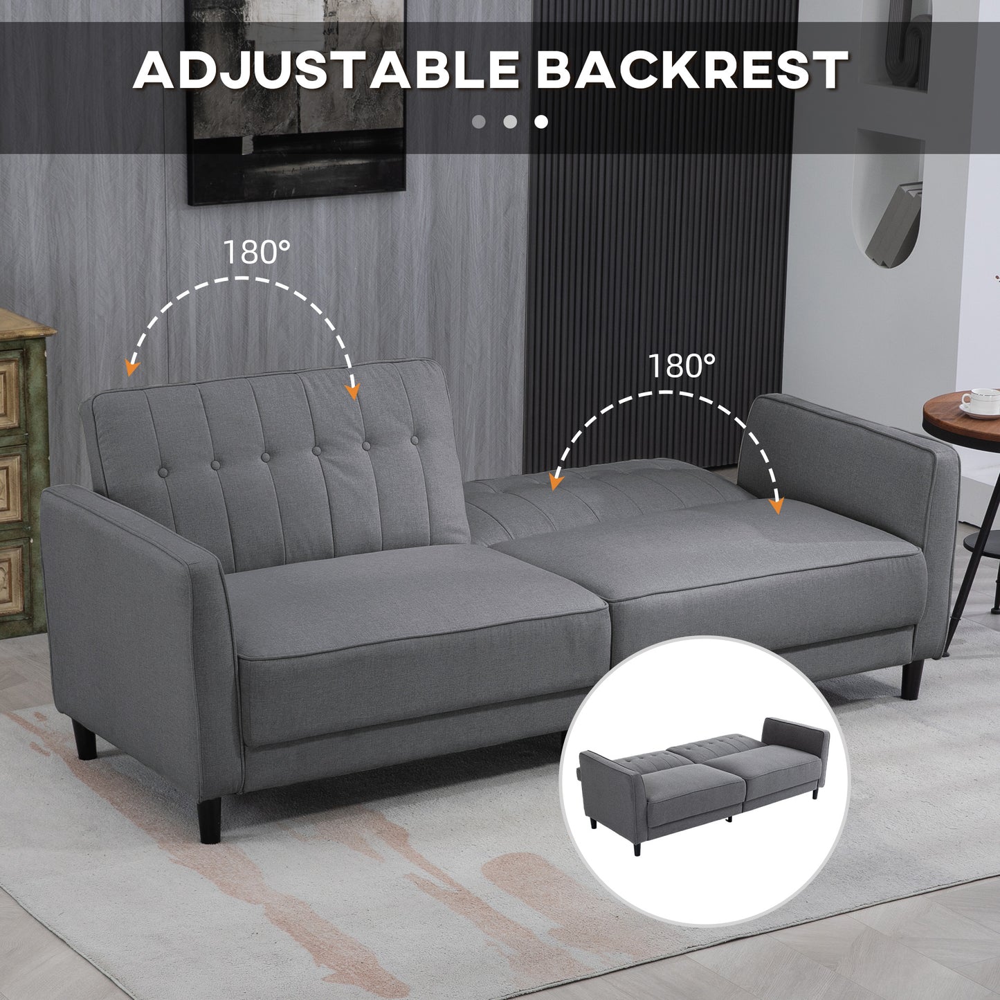 Convertible Bed with Couch, Button Tufted Fabric Sofa Bed with Adjustable Back for Living Room, Charcoal Grey