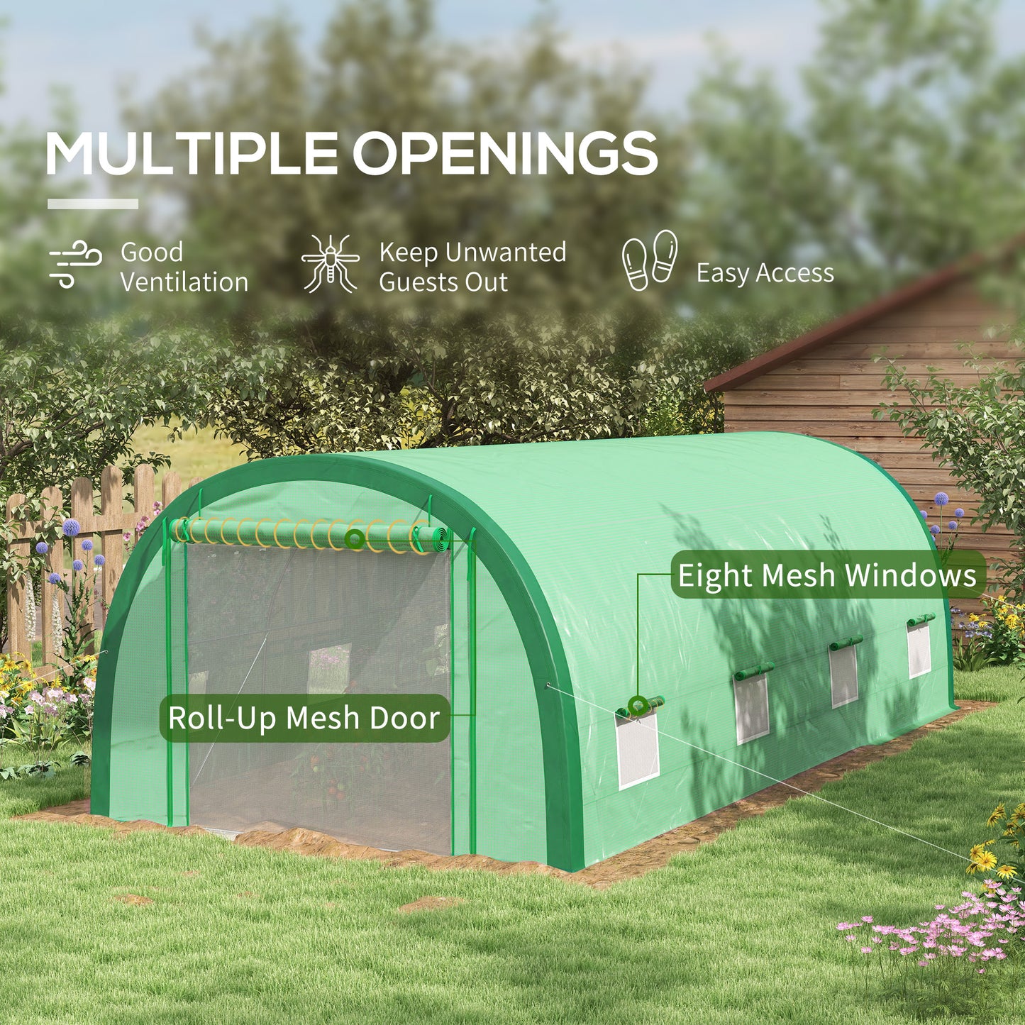Upgraded Tunnel Greenhouse Green House with Mesh Door and Windows, 6 Plant Labels and Gloves, White