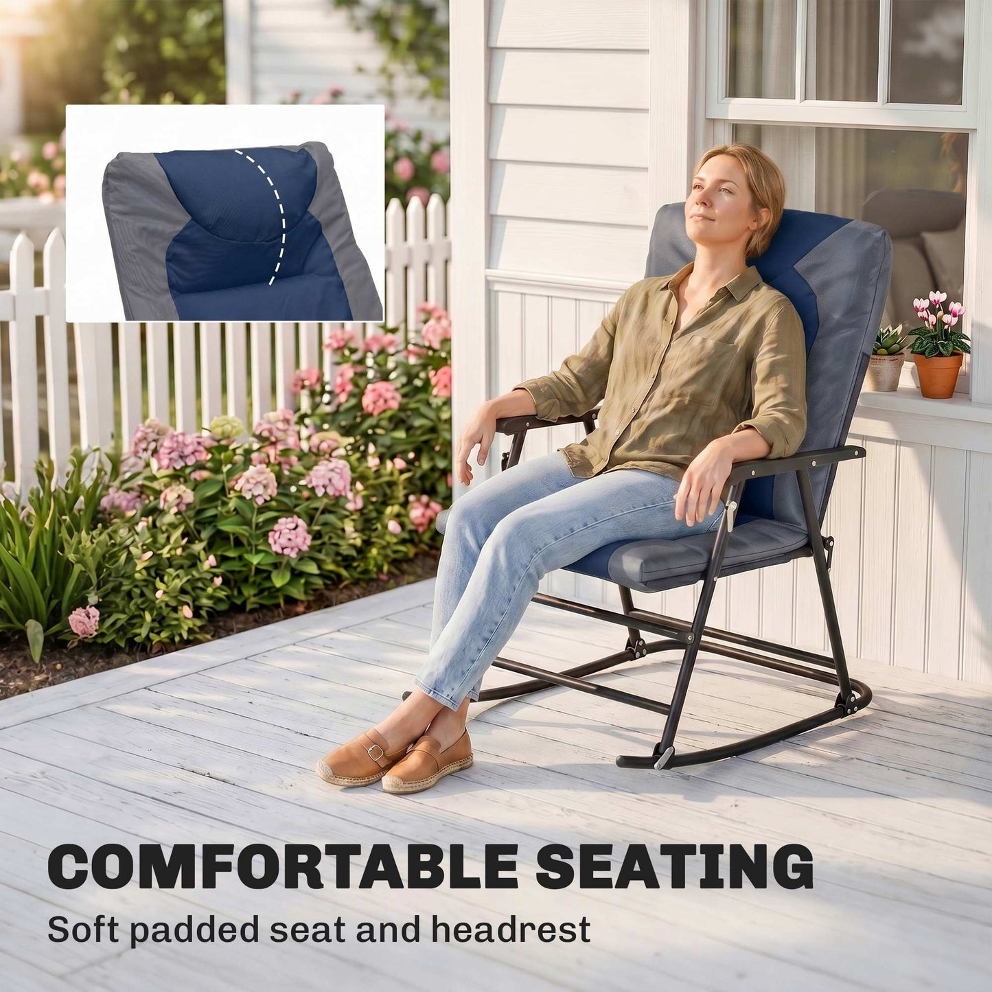 3pc Patio Foldable Rocking Chair Set, Outdoor Rocking Chairs and Table Bistro Set w/ Padded Seat, Headrest, Backrest for park, backyard, garden, Blue