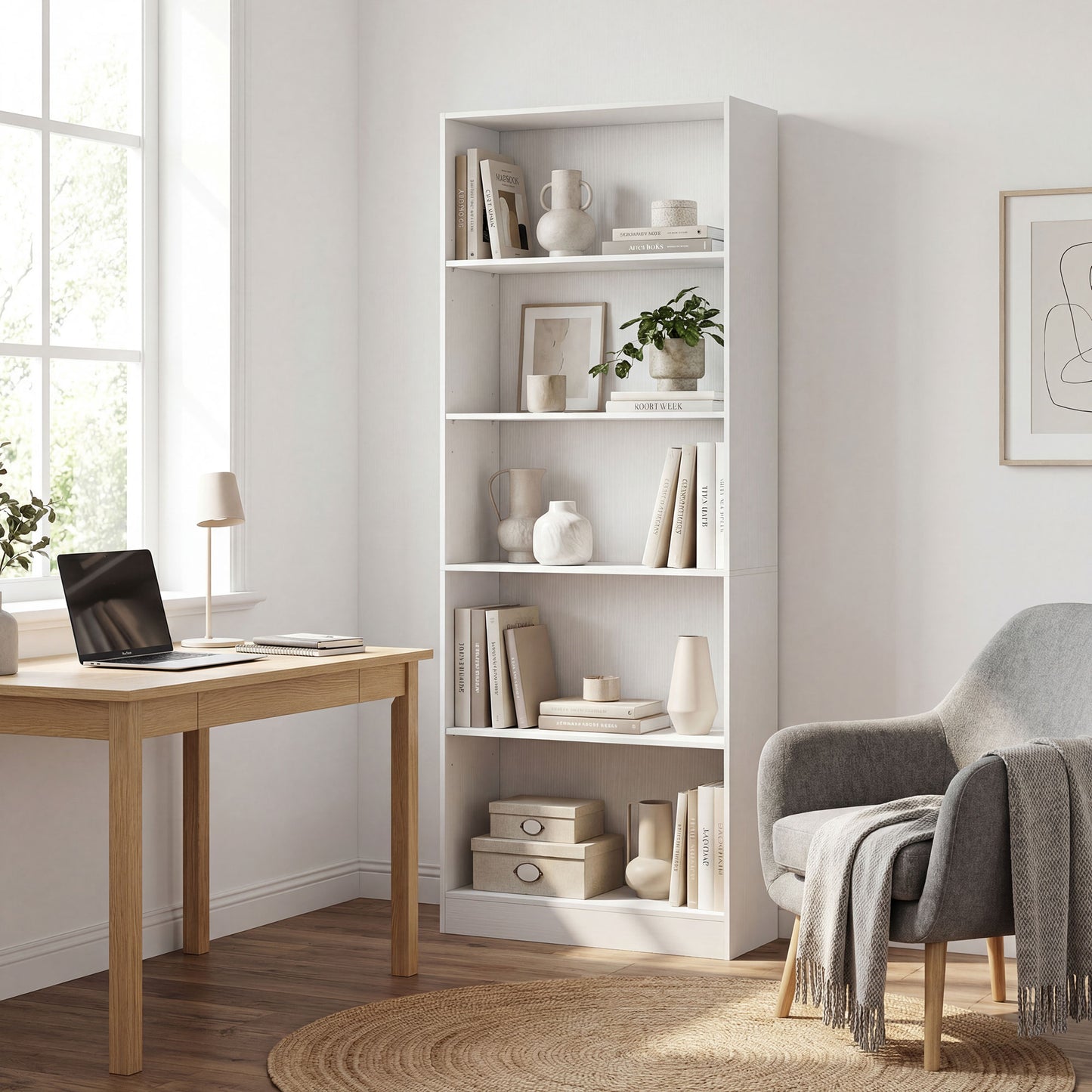 5-Tier Bookcase, Storage Bookshelf with Adjustable Shelves, Display Shelves for Living Room, Home Office, White