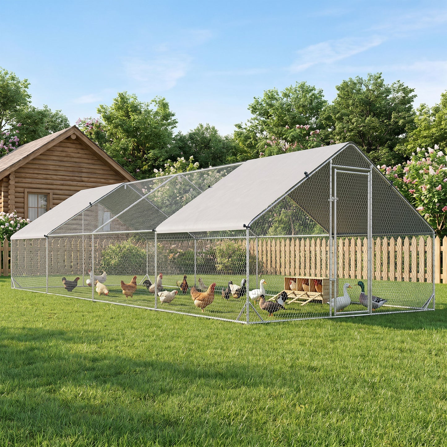 9.8' x 26.2' x 6.6' Chicken Coop Cage, Outdoor Hen House w/Cover & Lockable Door