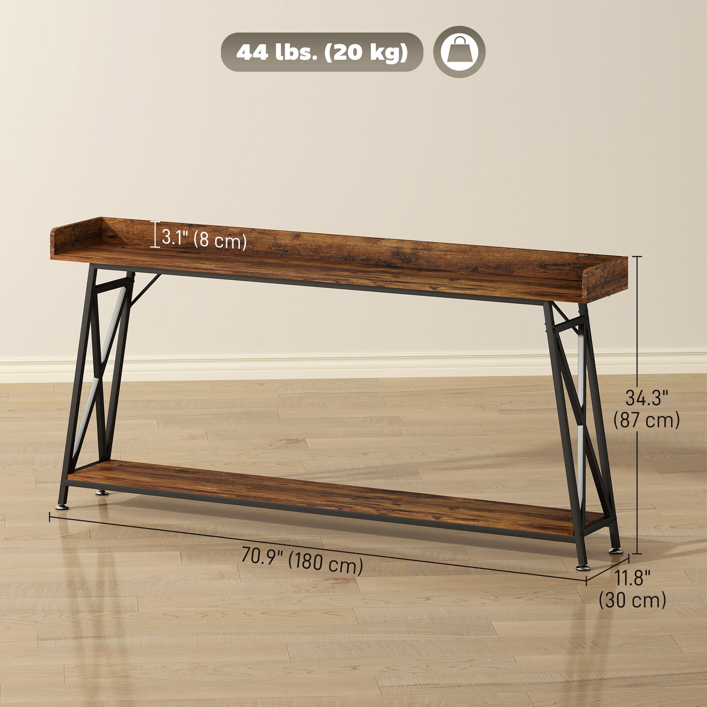 71" Extra Long Console Table with Storage Shelf and Guardrails, Industrial Entryway Table for Living Room, Rustic Brown