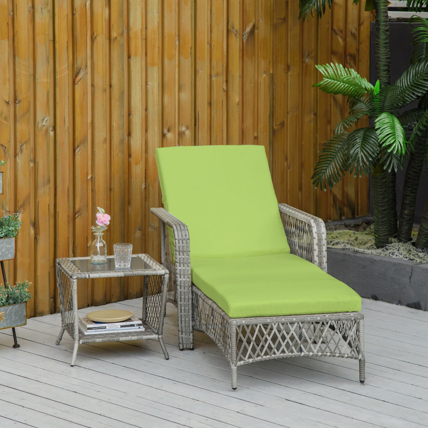 2 Pieces Wicker Patio Lounge Set w/ Cushions, Outdoor PE Rattan Sun Lounger Sets w/ 5-Level Reclining Chaise Chair & Two-tier Glass Top Coffee Table, Green