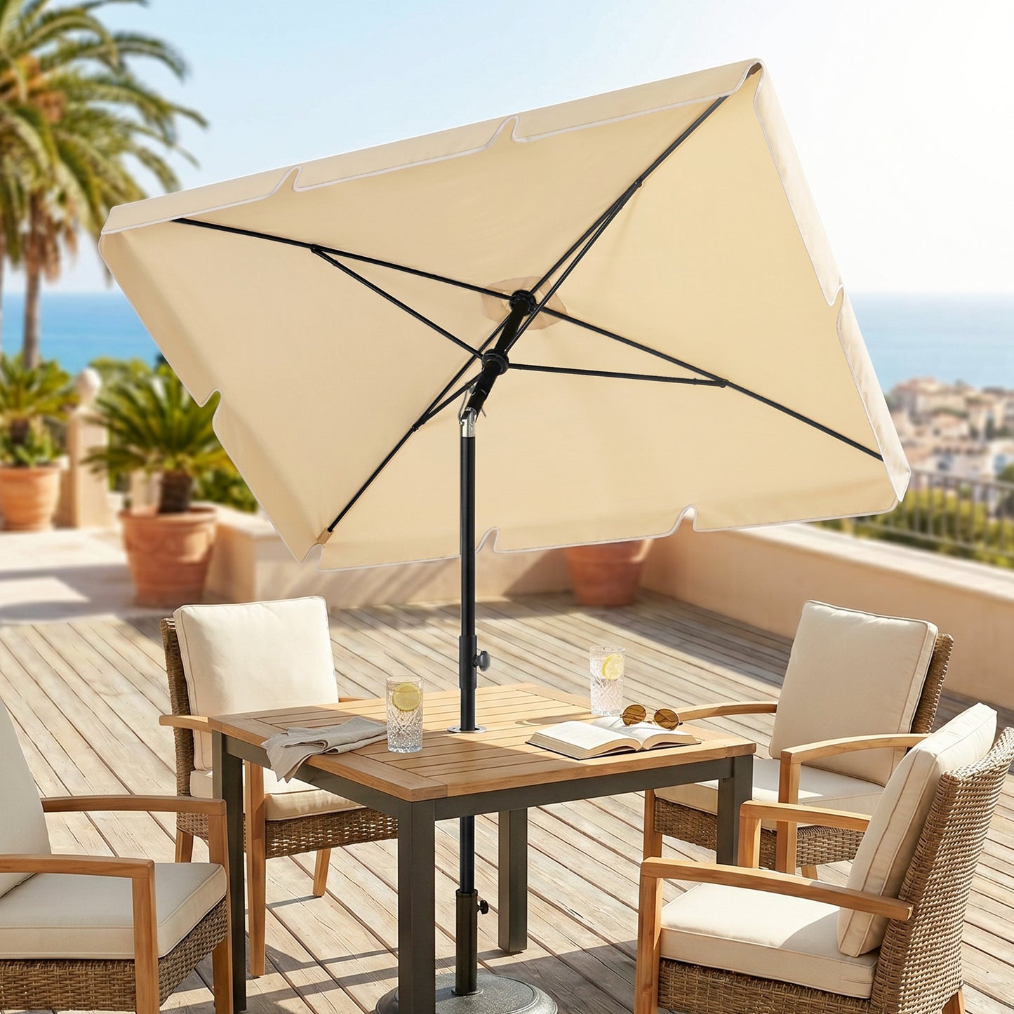 6.5x4ft Rectangle Patio Umbrella Aluminum Tilt Adjustable Garden Parasol Sun Shade Outdoor Canopy Beige