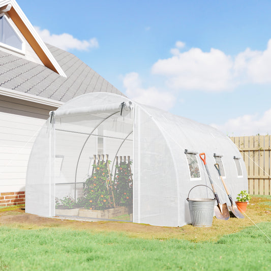 Walk-in Tunnel Greenhouse, Plant Hot House w/ Support Rods, Roll-up Mesh Door, Mesh Windows, 13'x9.8'x6.6', White