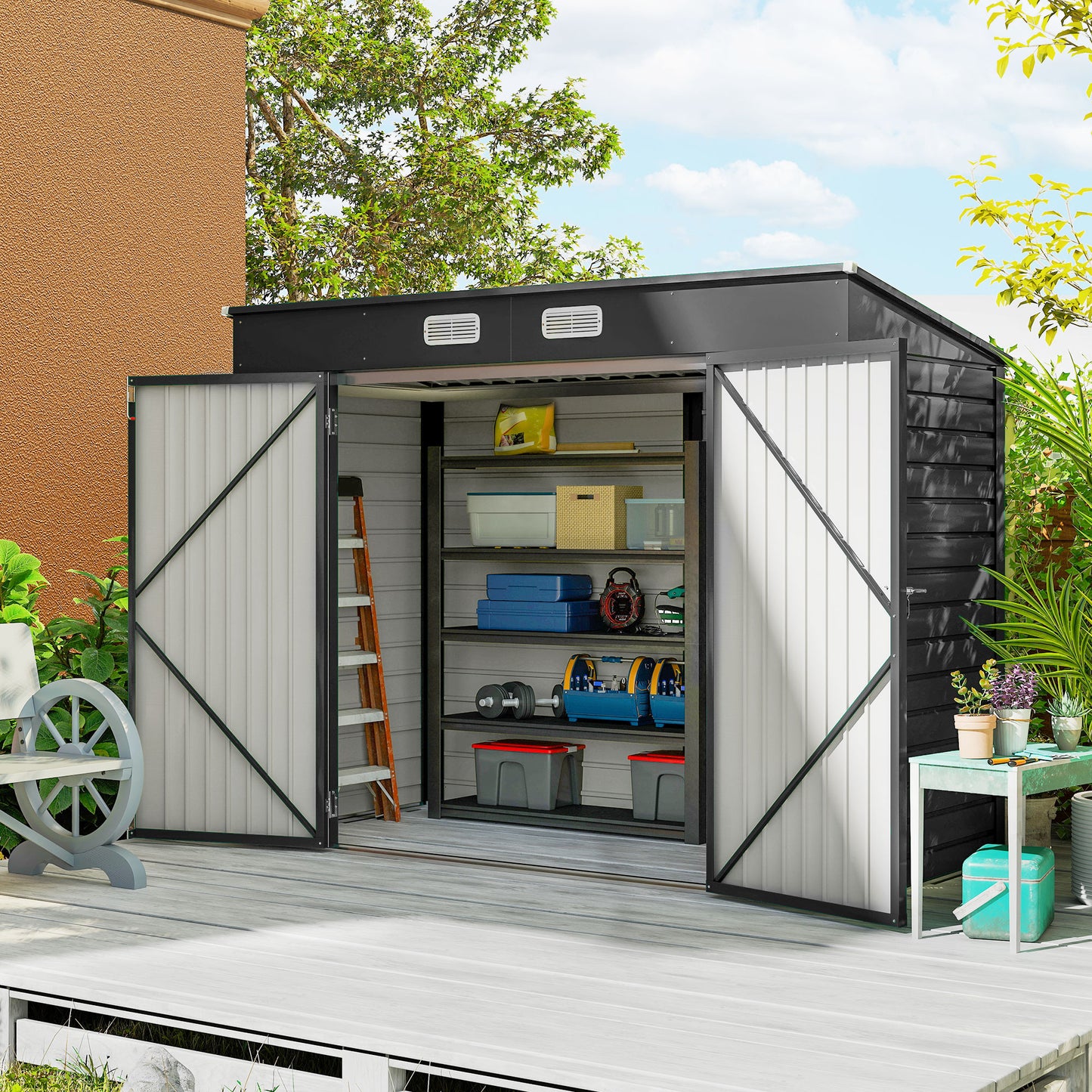 8 x 4FT Galvanized Garden Storage Shed, Metal Outdoor Shed with Double Doors and 2 Vents, Grey