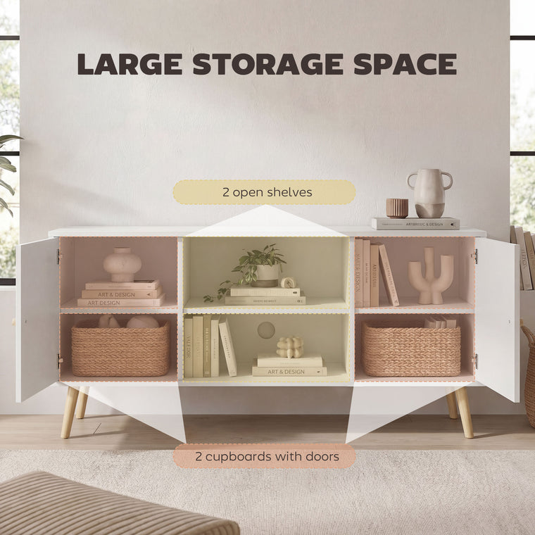 TV Stand with Storage Shelves and Wood Legs - White