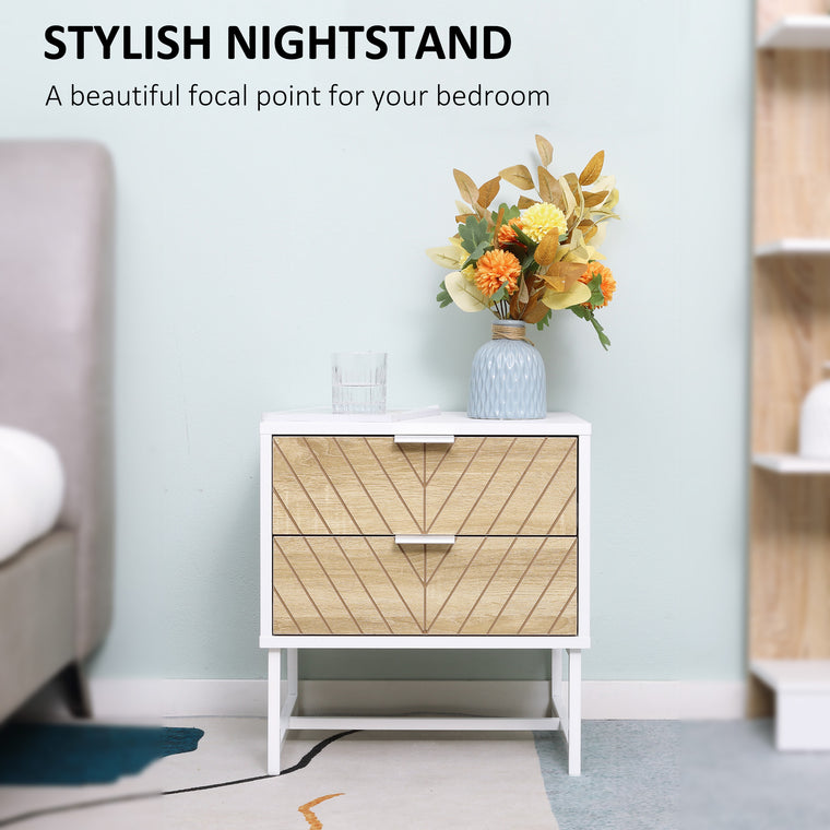 Nightstand with 2 Drawers and Steel Frame - White and Oak
