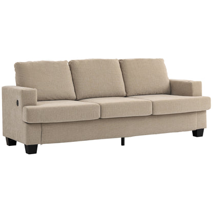 3-Seater Chenille Sofa with USB & Cup Holders - Light Brown