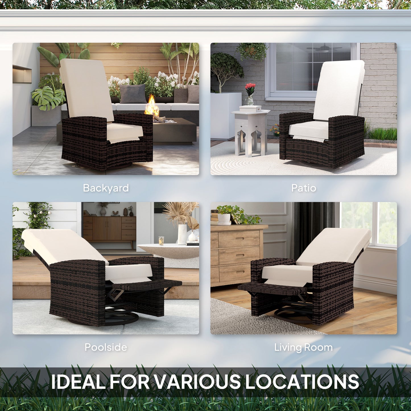 Outdoor Rattan Wicker Lounge Chair with Footrest & Soft Cushion for Patio, Garden, Backyard, Cream White