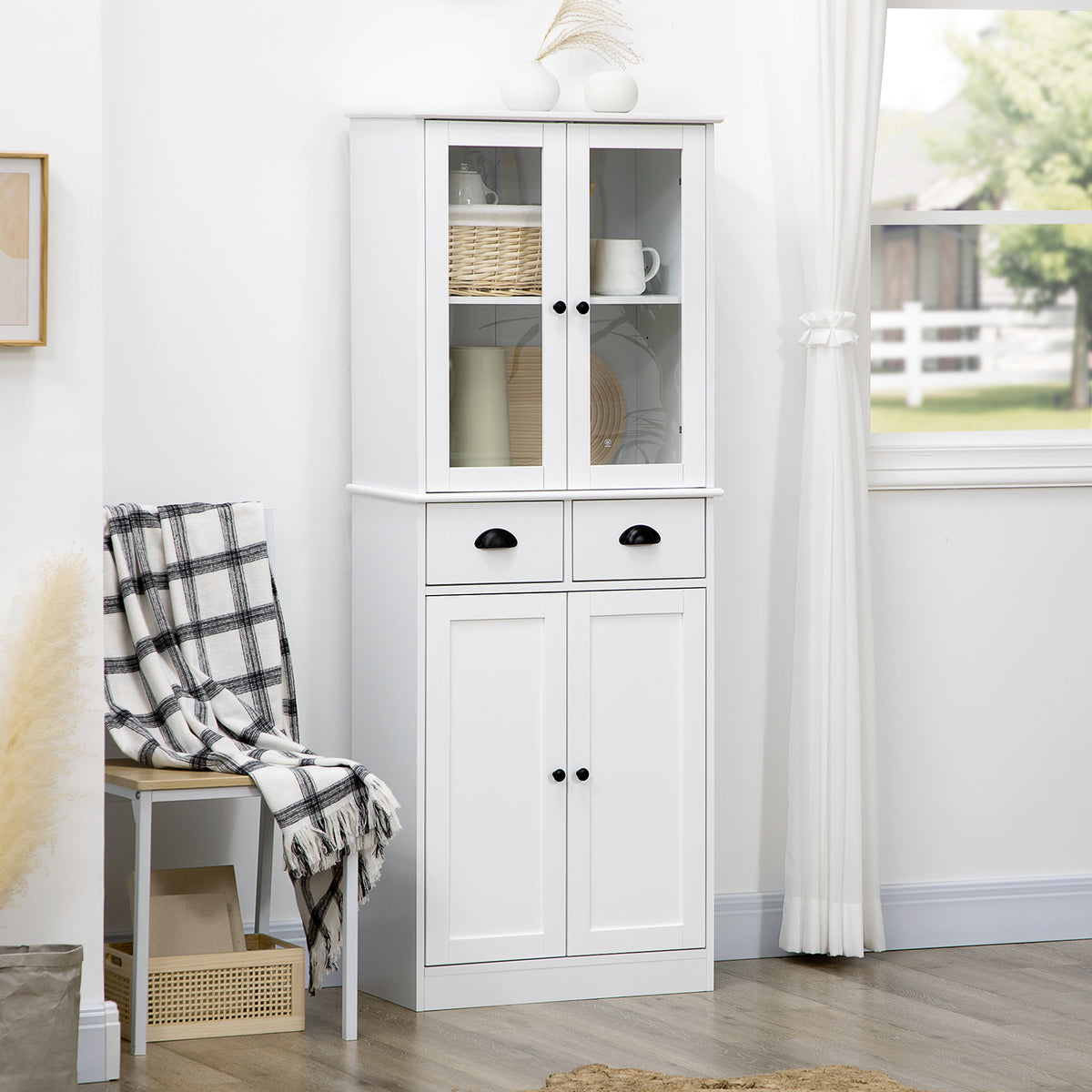 61" Kitchen Pantry Cabinet, Freestanding Farmhouse Buffet Storage Cabinet with Soft Close Glass Doors and Adjustable Shelves, White