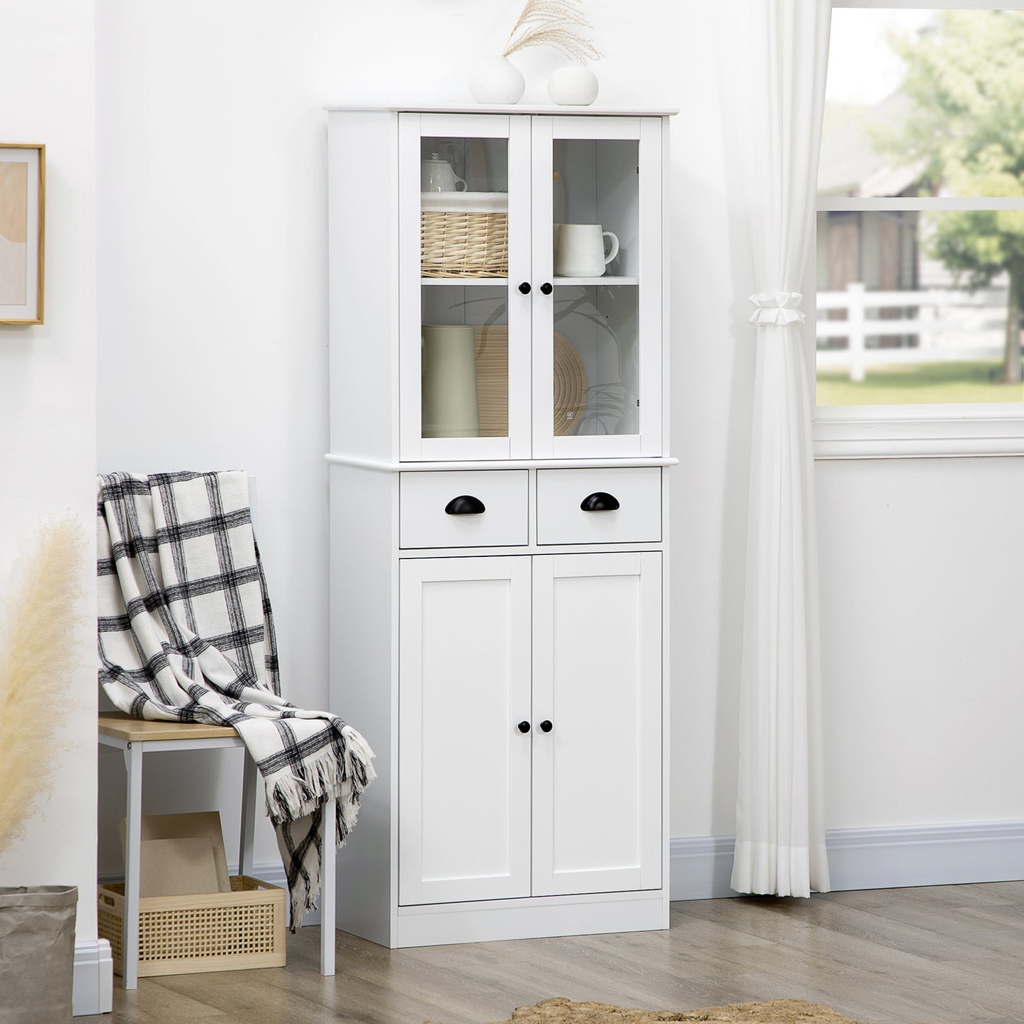 61" Kitchen Pantry Cabinet, Freestanding Farmhouse Buffet Storage Cabinet with Soft Close Glass Doors and Adjustable Shelves, White