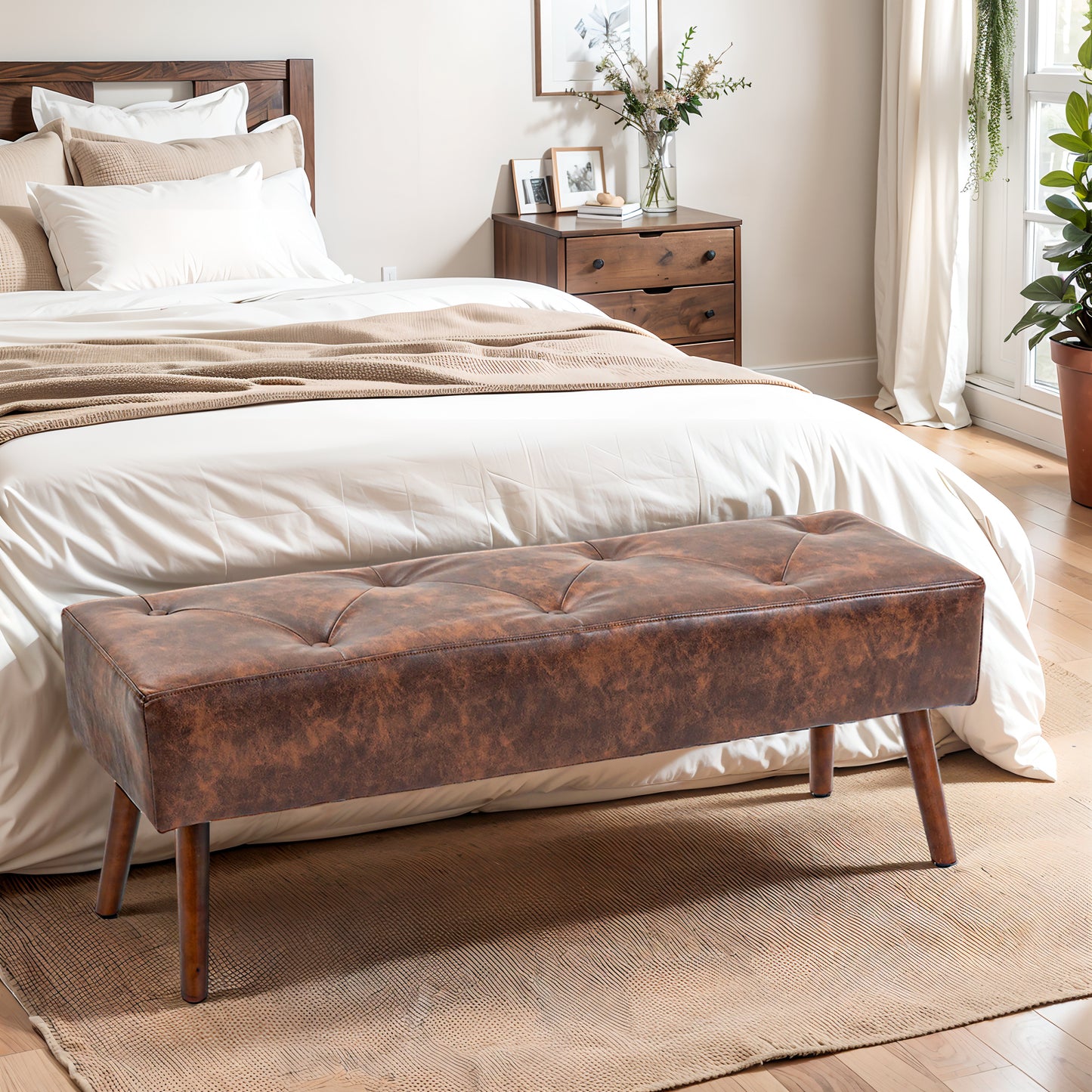 Bedroom Bench, End of Bed Bench with Button Tufted, PU Leather Upholstered Entryway Bench with Wood Legs, Brown