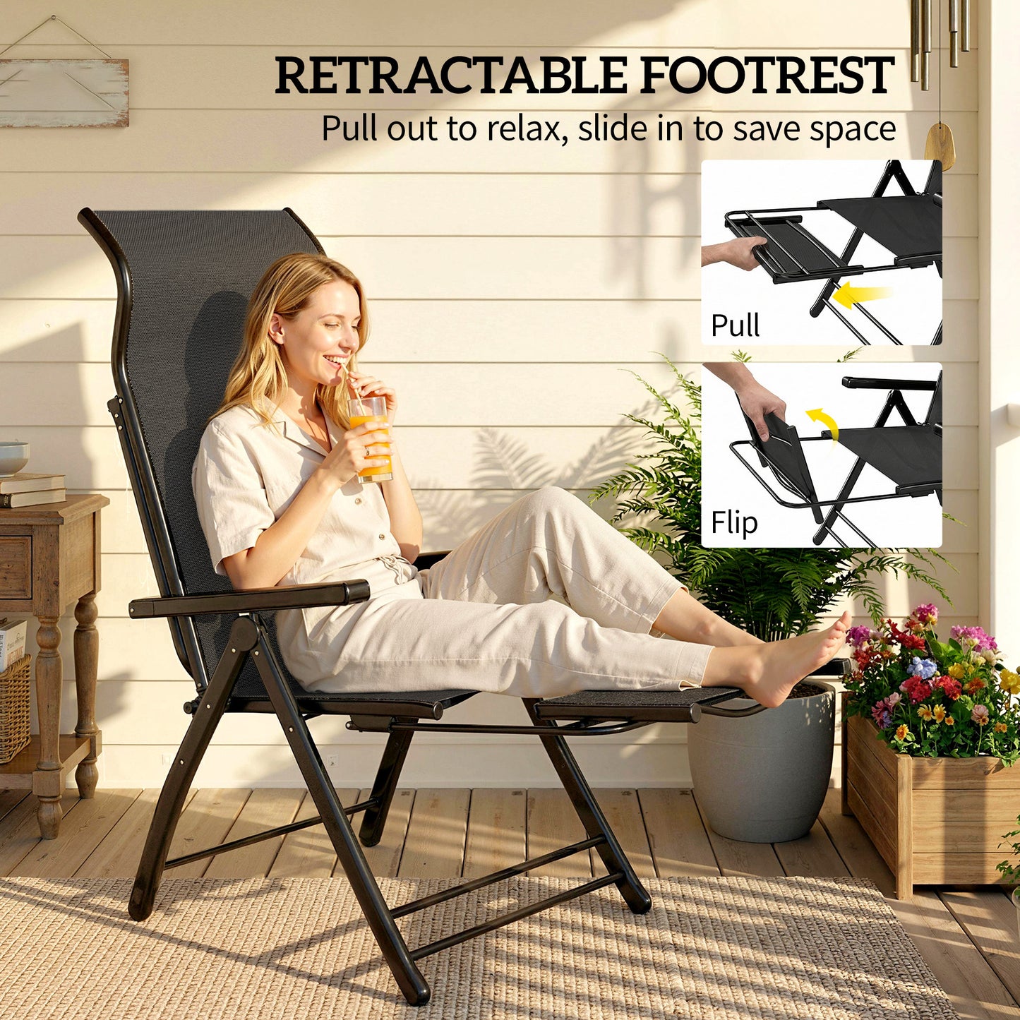 Folding Patio Chairs Set of 2, 5-Position Outdoor Lounge Chairs with High Back, Retractable Footrest, Black