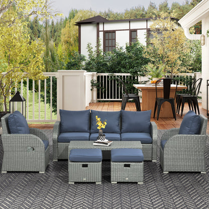 Dark Blue 6-Piece Wicker Sectional Set with Recliners