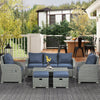 Patio Furniture with Cushions, 6 Pieces PE Wicker Patio Sectional Furniture Conversation Set w/ a Three-Seat Sofa, 2 Recliner Chairs, 2 Footstools & Table, Dark Blue