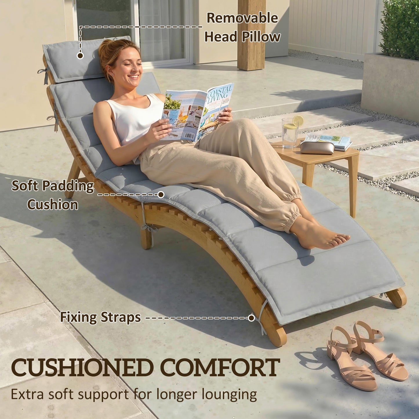 Folding Chaise Lounge Chair Outdoor, Acacia Wood Lounger Tanning Chair with Cushion, Headrest, Light Grey