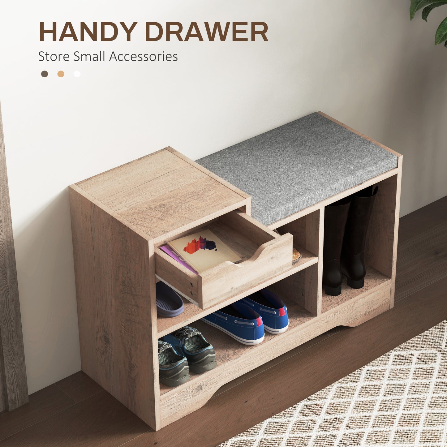 Upholstered Shoe Storage Bench, Hallway Shoe Storage with Seat, Drawer, 3 Open Shelves for Entryway, Grey
