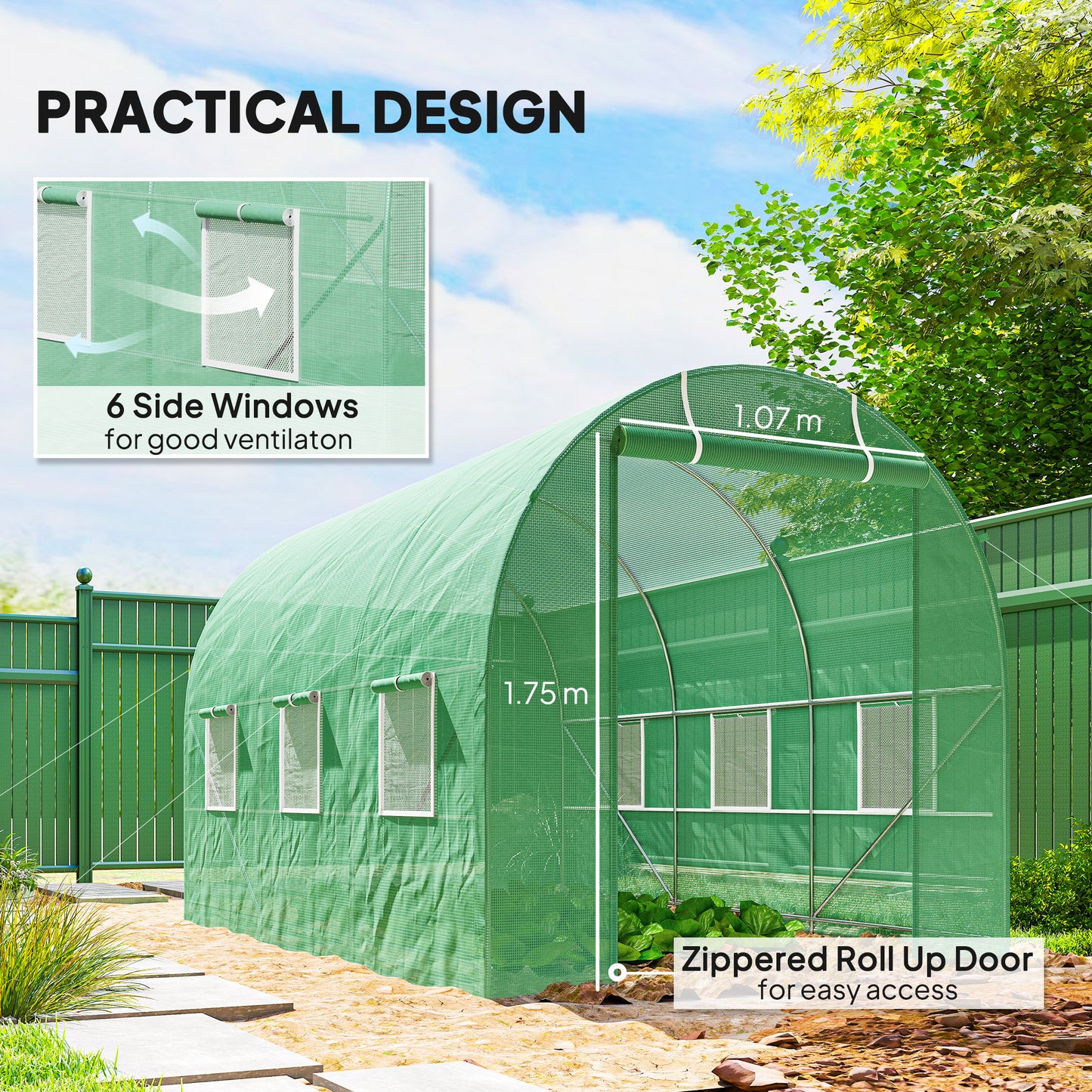 11.5' x 6.6' x 6.6' Walk-in Tunnel Greenhouse Garden Plant Seed Growing Warm House Outdoor Hot House w/ Roll Up Door, Windows, PE Cover Green
