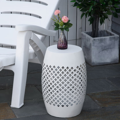 12" Steel Patio End Table, Round Hollow Drum Side Table, Accent Table for Indoor and Outdoor, Black - White