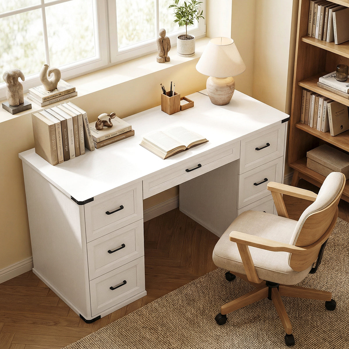 55" Computer Desk with 7 Drawers, Farmhouse Executive Desk for Home Office, Study, Bedroom, White Wood Grain