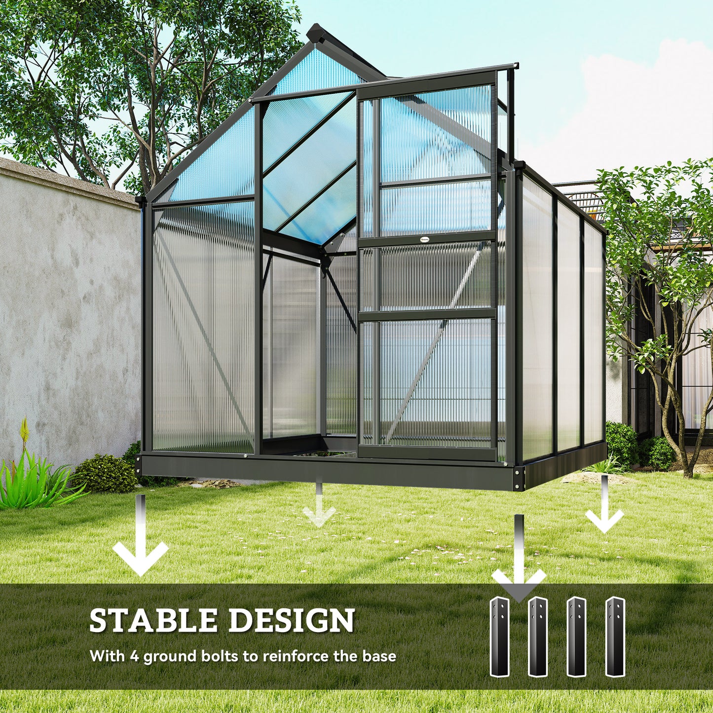 Greenhouse Garden, Green House, Outdoor Greenhouse Kit, PC Board with Sliding Door, 6.2' x 6.3' x 6.6', Grey