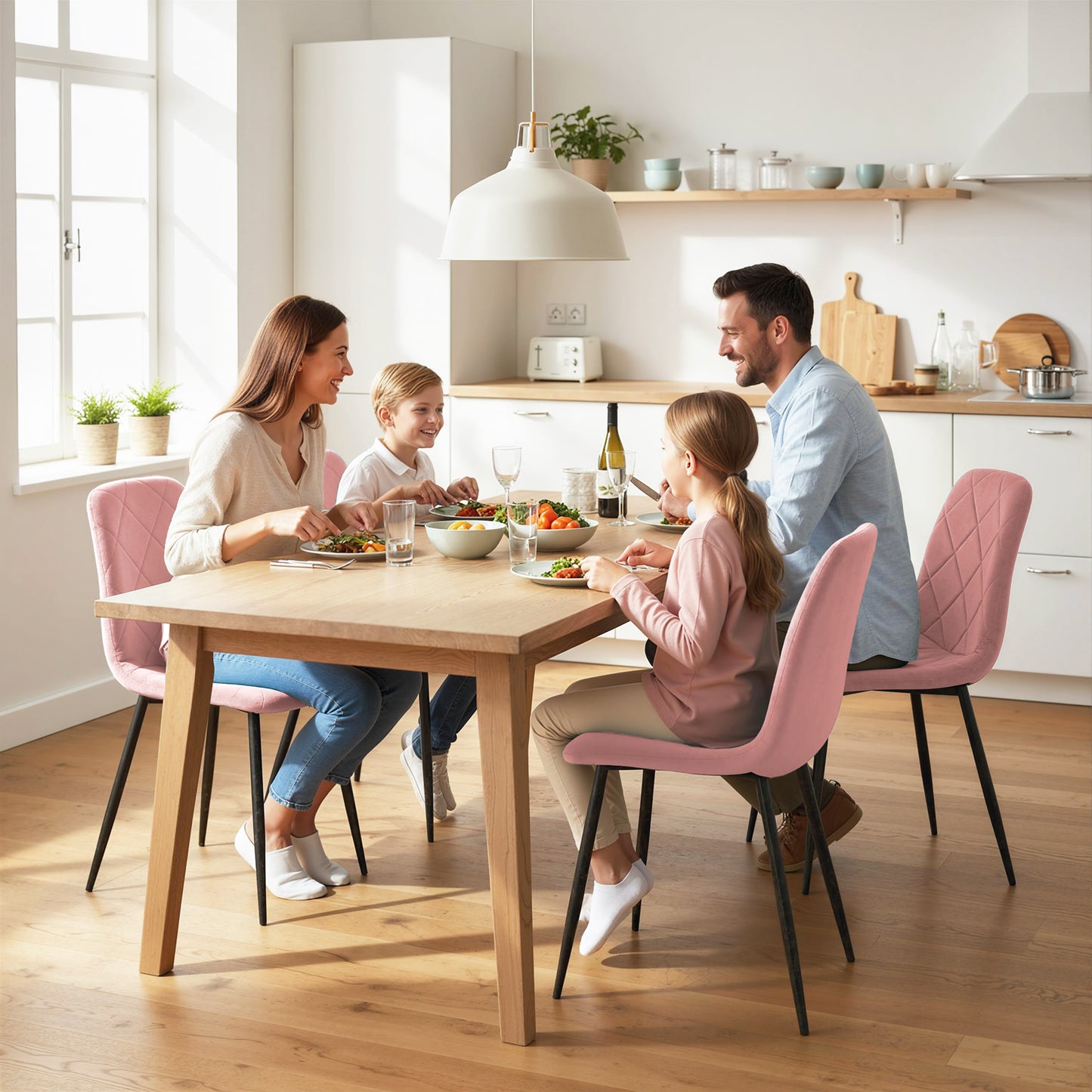 Dining Chairs Set of 4, Upholstered Dining Room Chairs with Steel Legs, Modern Kitchen Chair for Dining Room, Pink