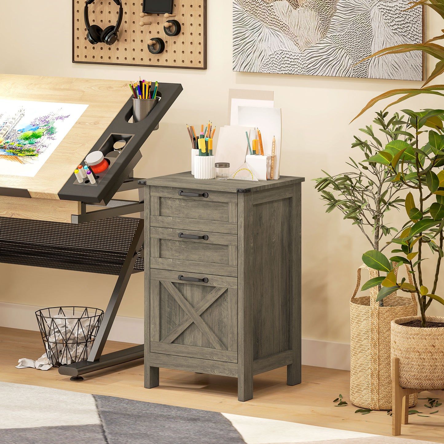 Vertical Filing Cabinet with 3 Drawers, Rustic Farmhouse Office Storage Cabinet for A4, Letter Size, Grey Wash