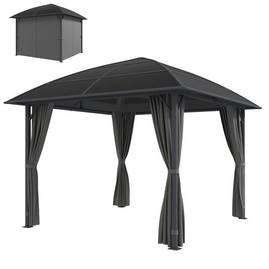 10' x 10' Outdoor Hardtop Gazebo Canopy with UV50+ Polycarbonate Roof, Steel Frame, Central Hook, Curtains, Light Grey