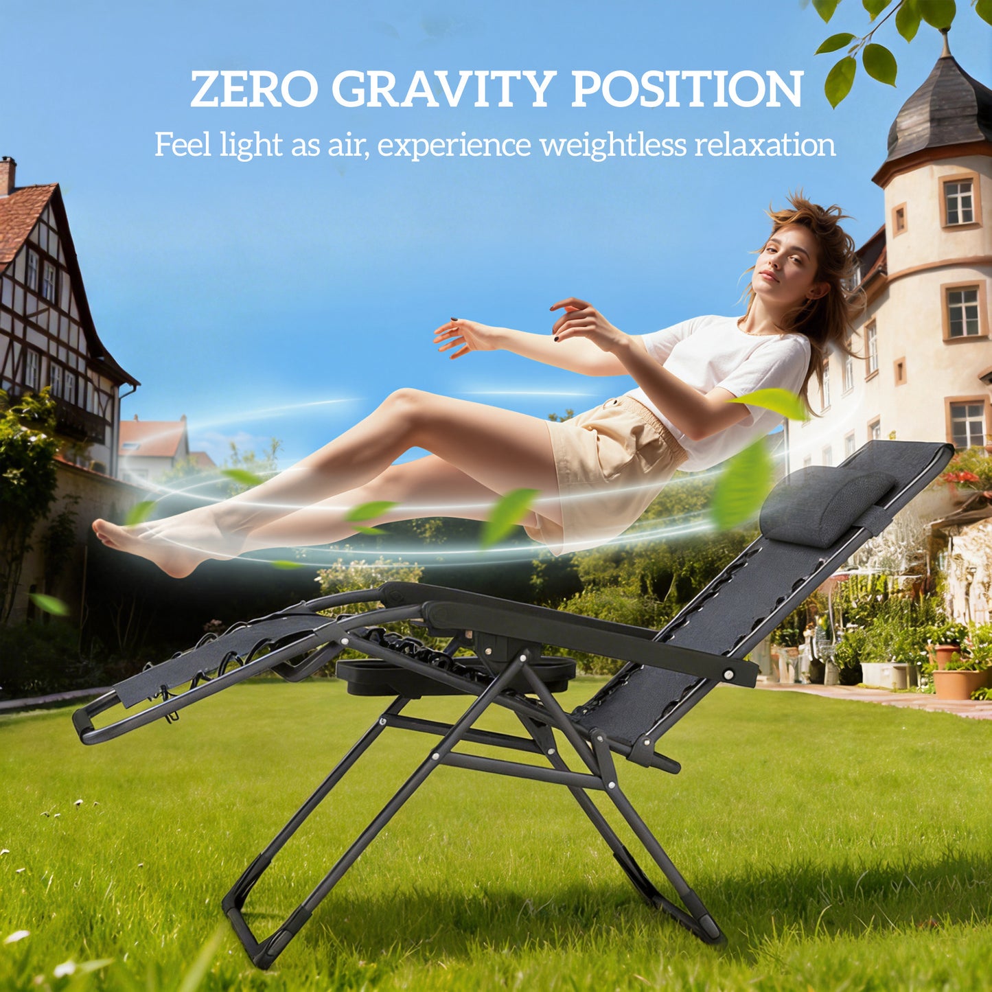 Zero Gravity Chair Set of 2, Folding Reclining Outdoor Lounge Chair with Cup Holder, Headrest, Dark Grey