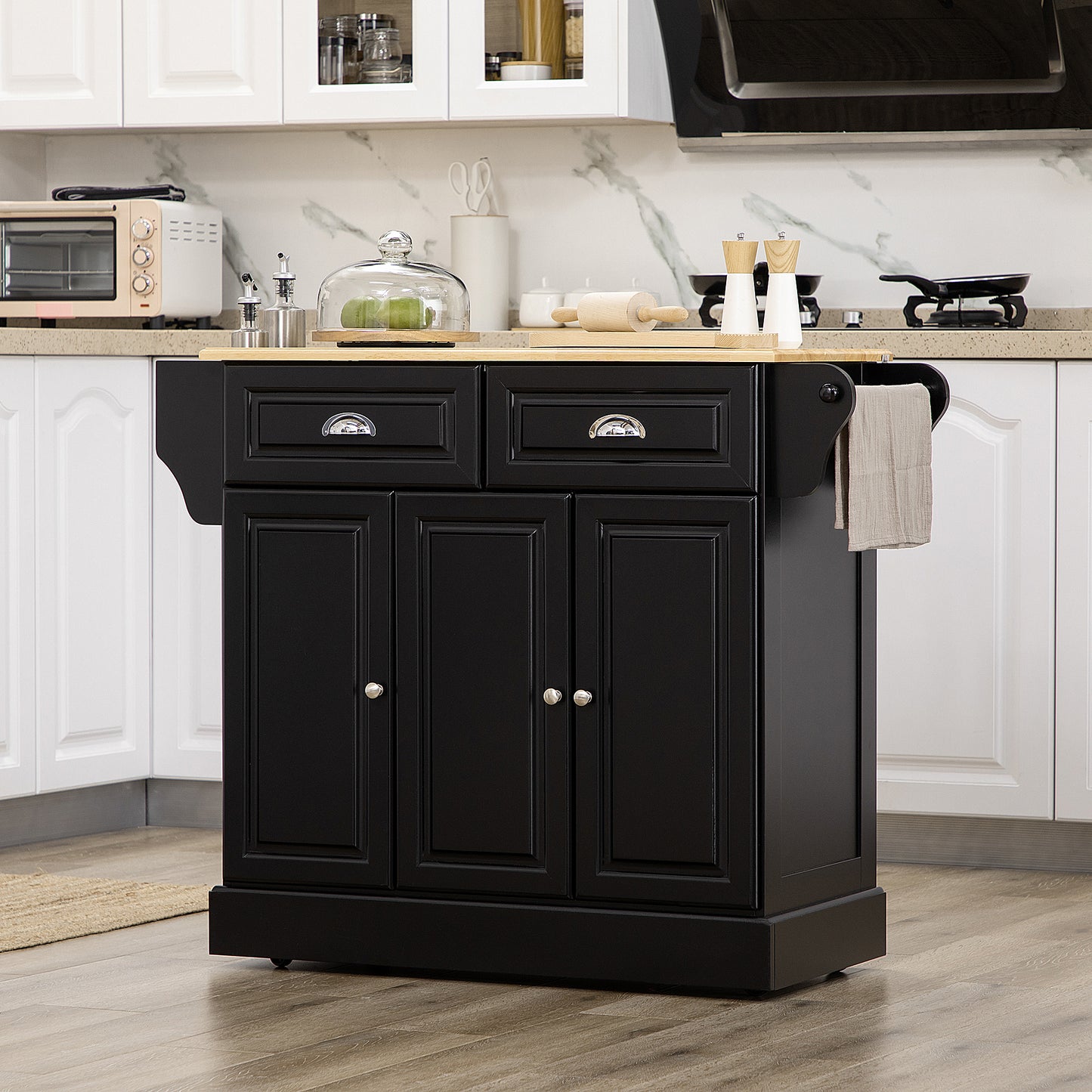 Kitchen Island with Storage Rolling Kitchen Serving Cart with Rubber Wood Top Towel Rack Storage Drawer Cabinet, Black
