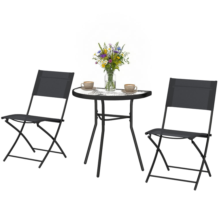 3-Piece Bistro Set with Folding Chairs and Glass Table