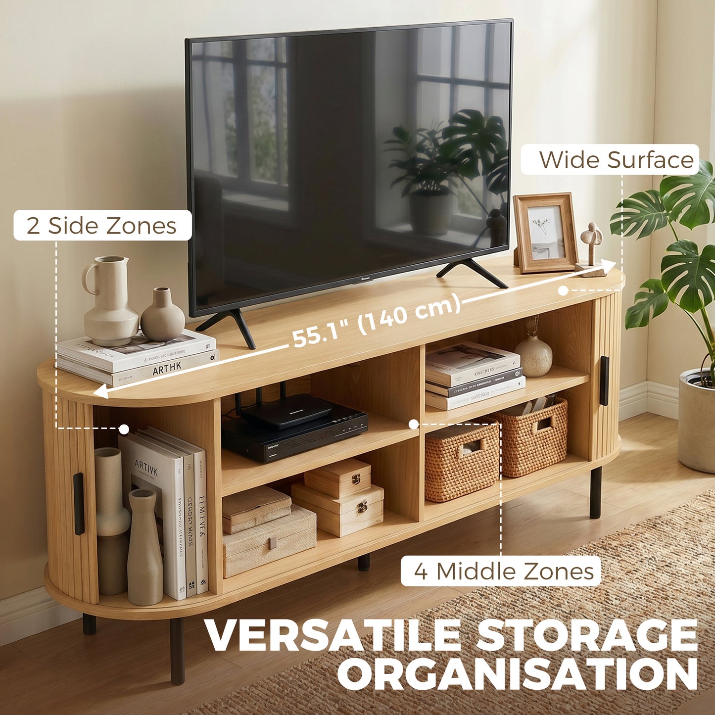 TV Stand for TVs up to 60", Modern Entertainment Center with Curved Sliding Doors, Natural Wood