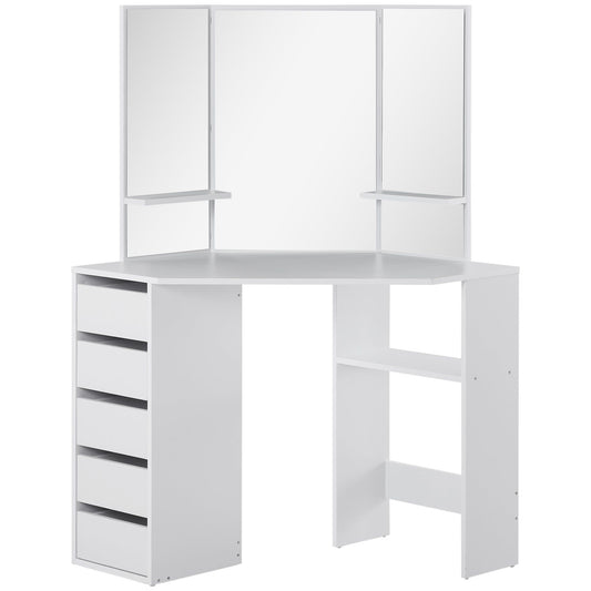 Corner Vanity Desk with 3-Piece Mirror and 5 Drawers - White