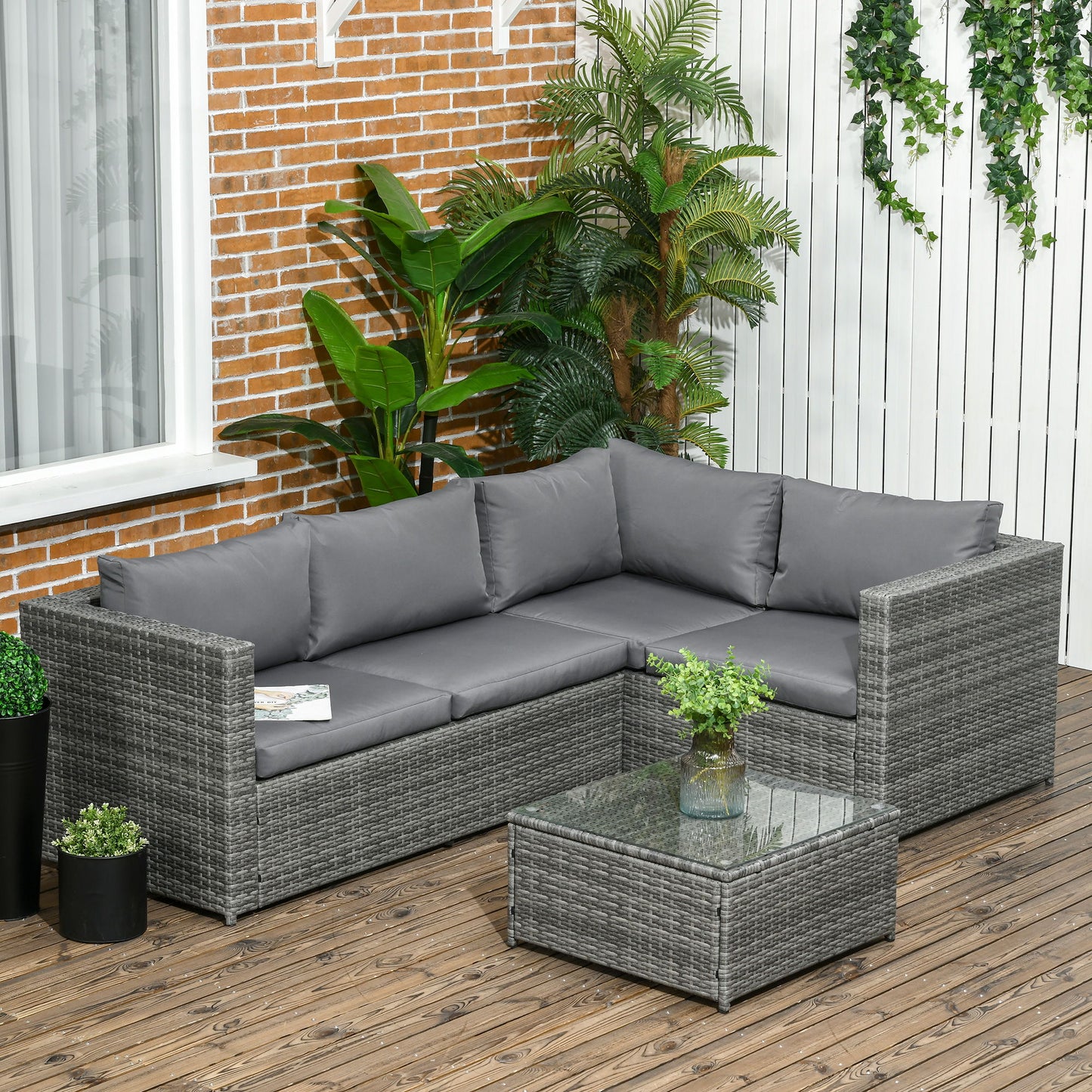 3 Pieces Rattan Wicker Outdoor Conversation Furniture Set w/ Loveseats Coffee Table Cushions for Garden, Patio, Grey