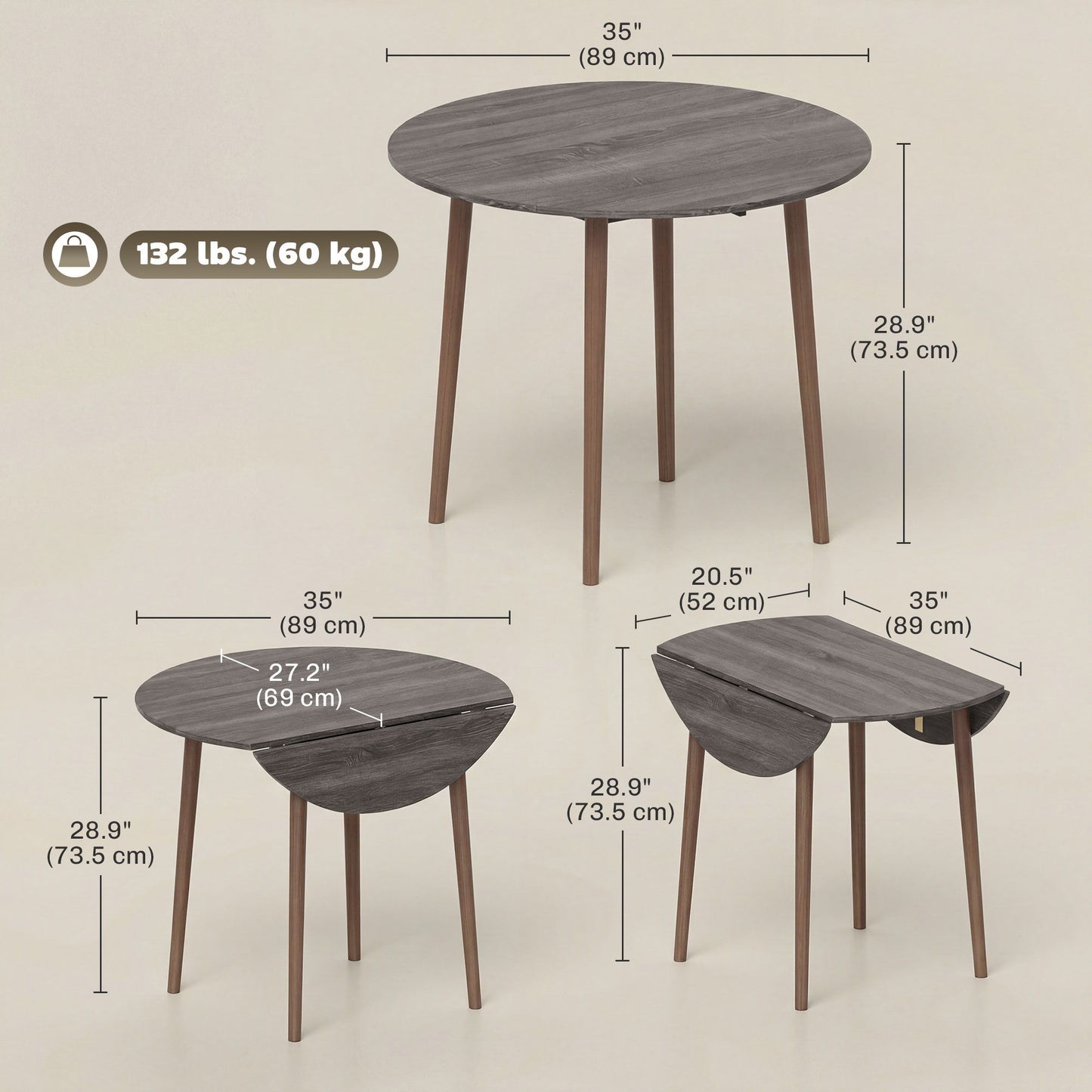 35" Folding Dining Table, Collapsible Drop Leaf Table with Round Tabletop, Wood Legs, Distressed Light Grey