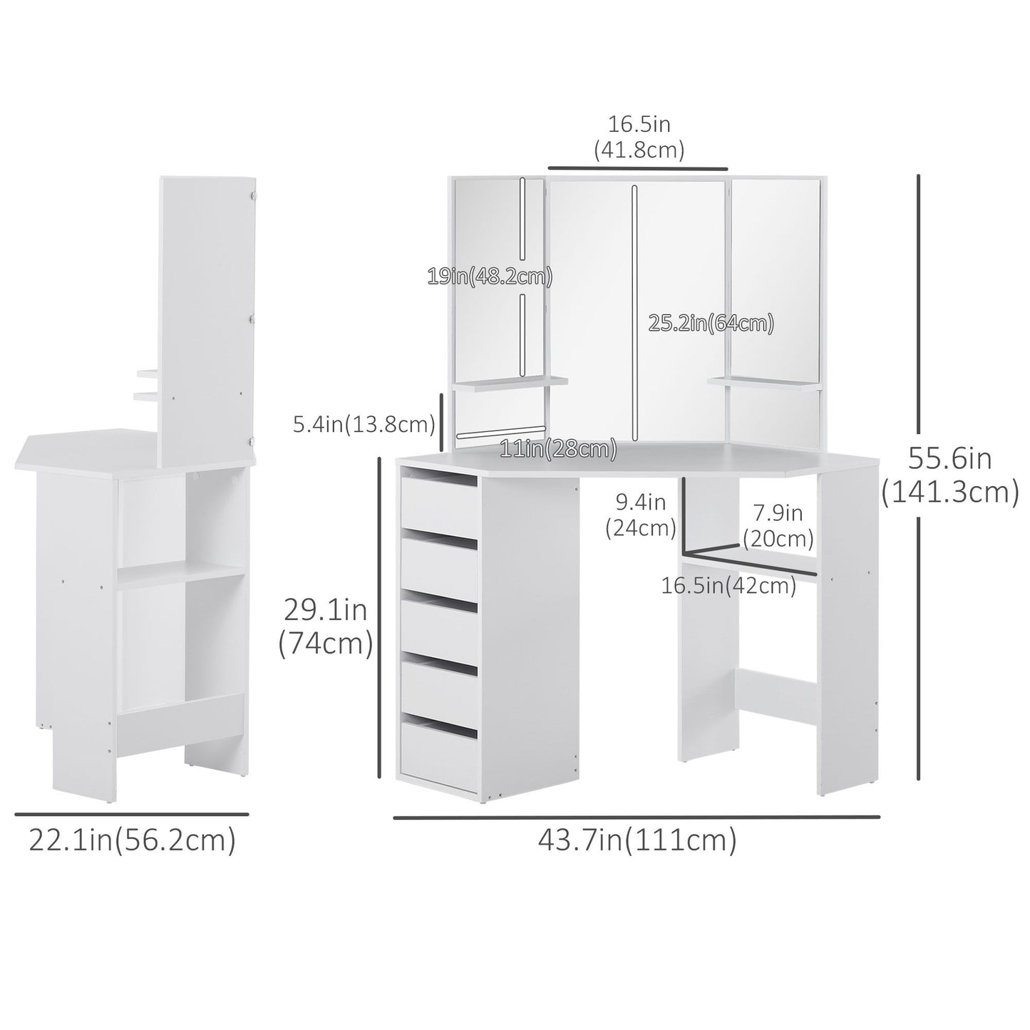 Corner Dressing Table, Makeup Desk with 3-piece Mirror and 5 Drawers, White