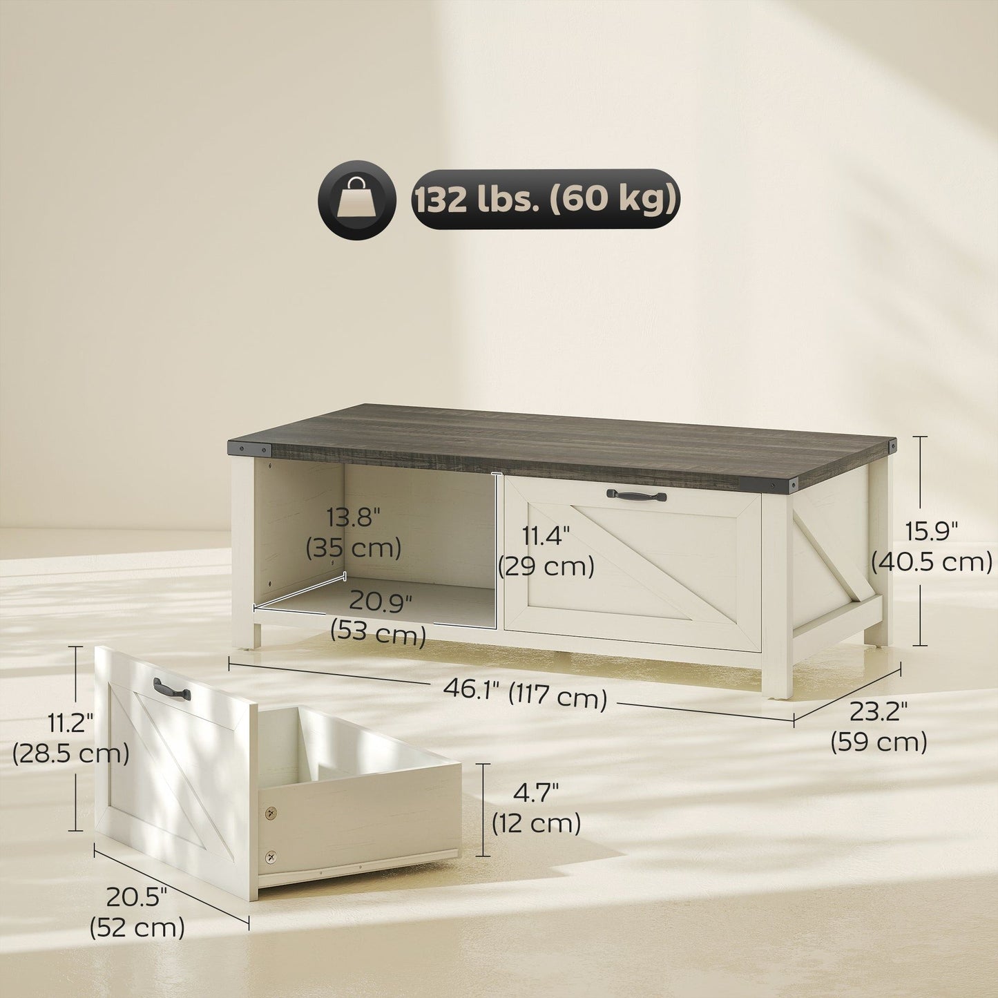 Farmhouse Coffee Table with Drawer and Shelf - Distressed White