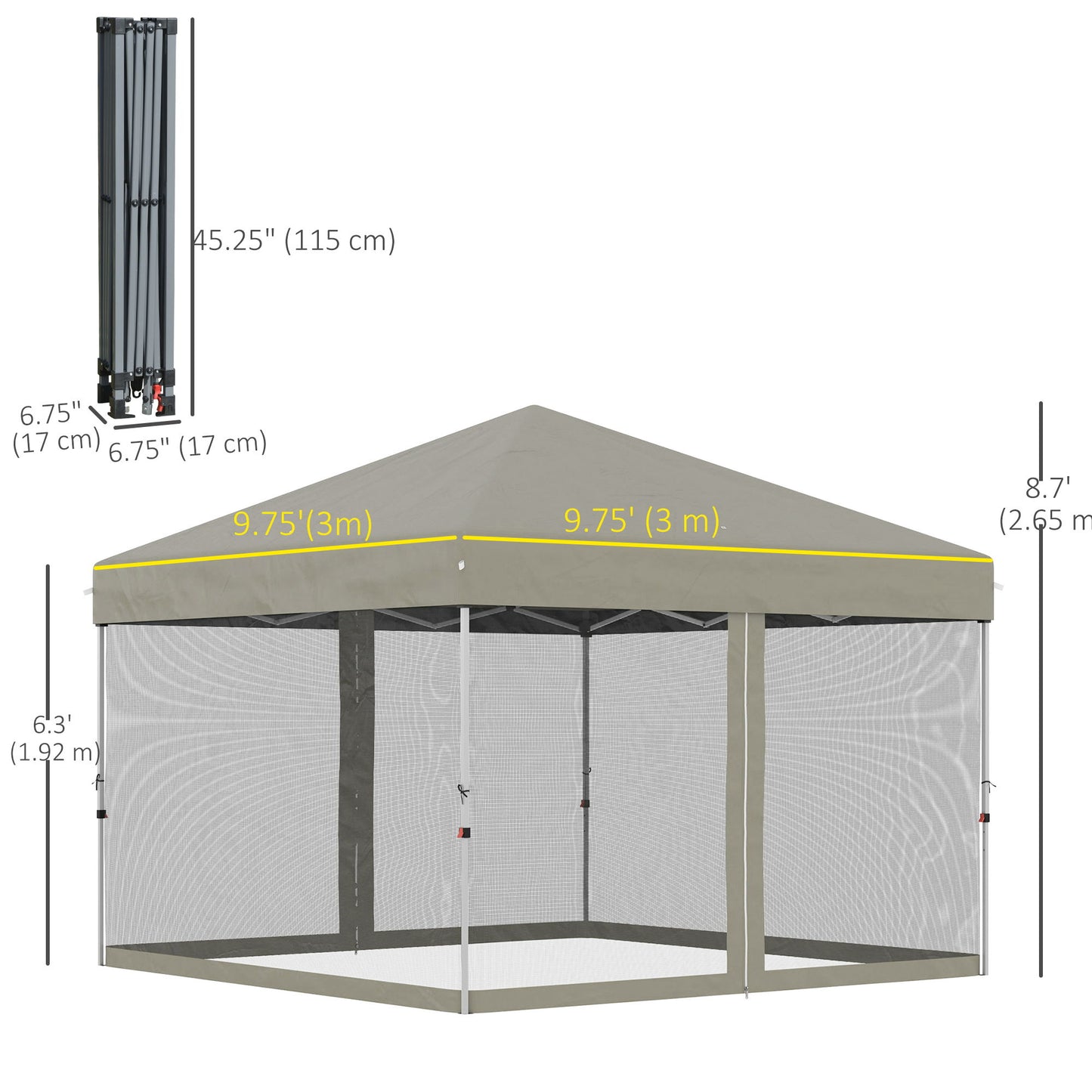 10' x 10' Pop-Up Party Tent Outdoor Canopy Tent with Mesh Sidewalls, 3-Level Adjustable Height, Roller Bag, Beige