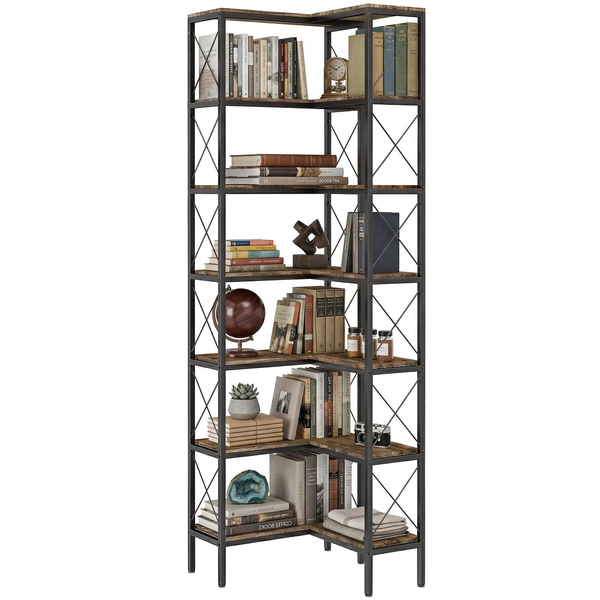 6-Tier L-Shaped Corner Bookcase with Metal Frame - Rustic Brown