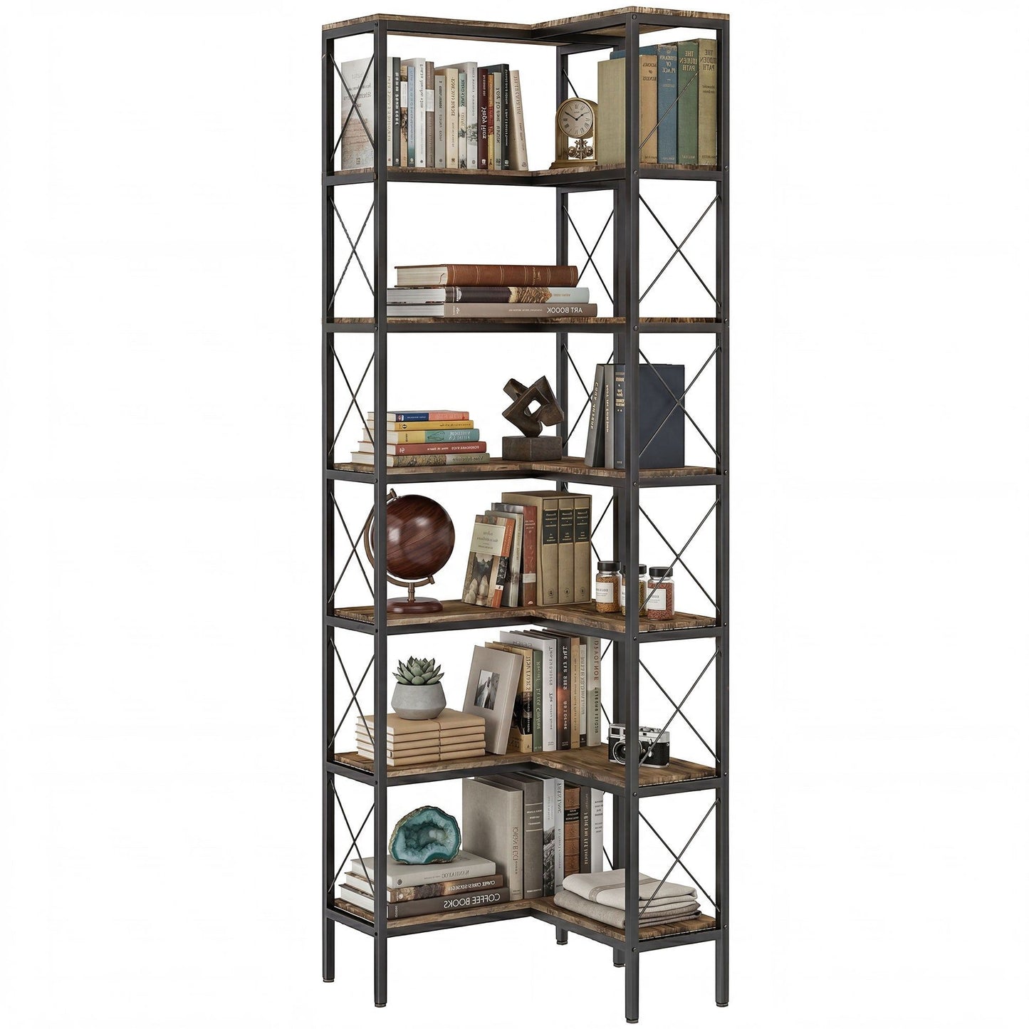 6-Tier L-Shaped Corner Bookcase with Metal Frame - Rustic Brown
