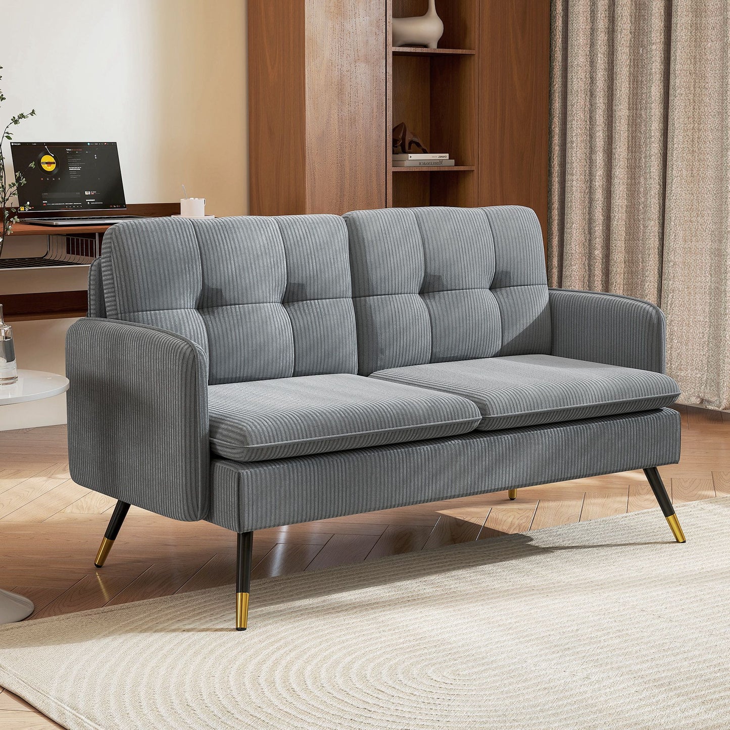 55" Loveseat Sofa, Corduroy Love Seat w/ S spring, Steel Legs and Button Tufting, Small Couch for Living Room, Dark Grey