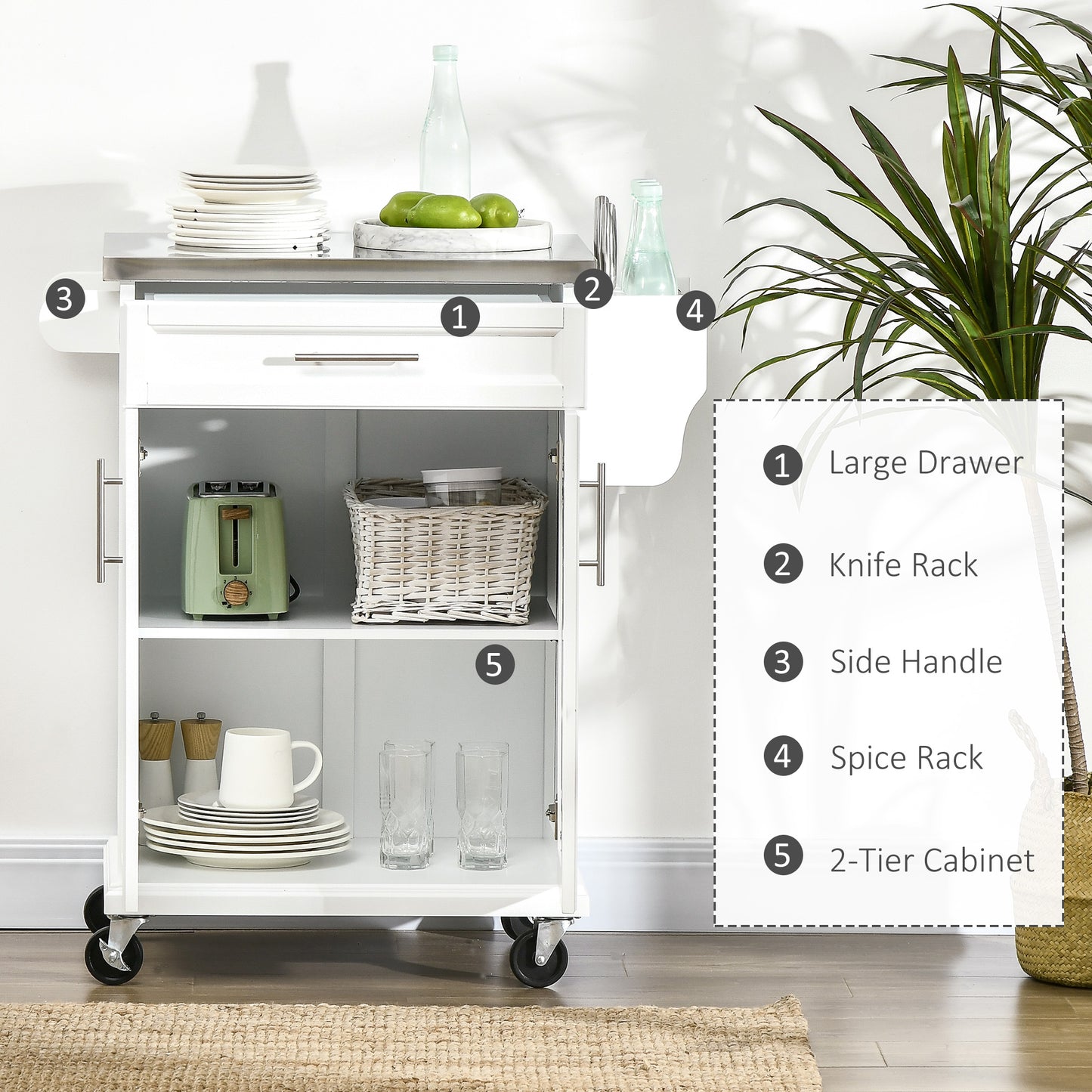 Kitchen Island with Stainless Steel Top, Rolling Kitchen Cart on Wheels with Storage Drawer, Cabinet, Towel Rack and Spice Rack (White)