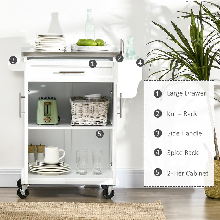 Rolling Kitchen Island with Stainless Steel Top - White