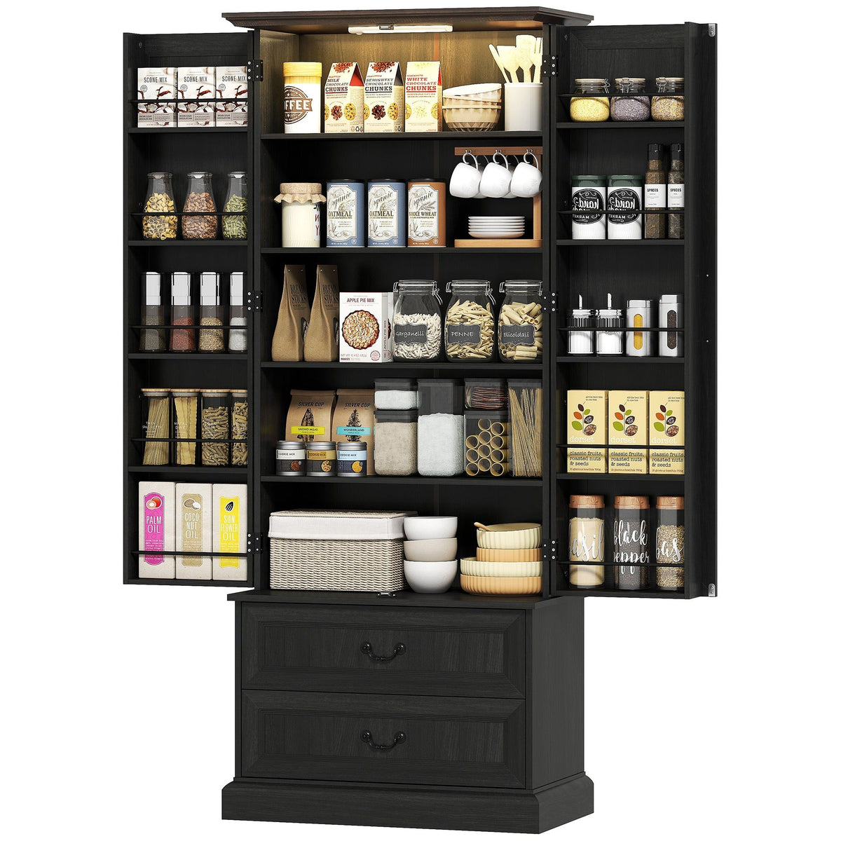 72" LED Pantry Cabinet with 2 Drawers - Black