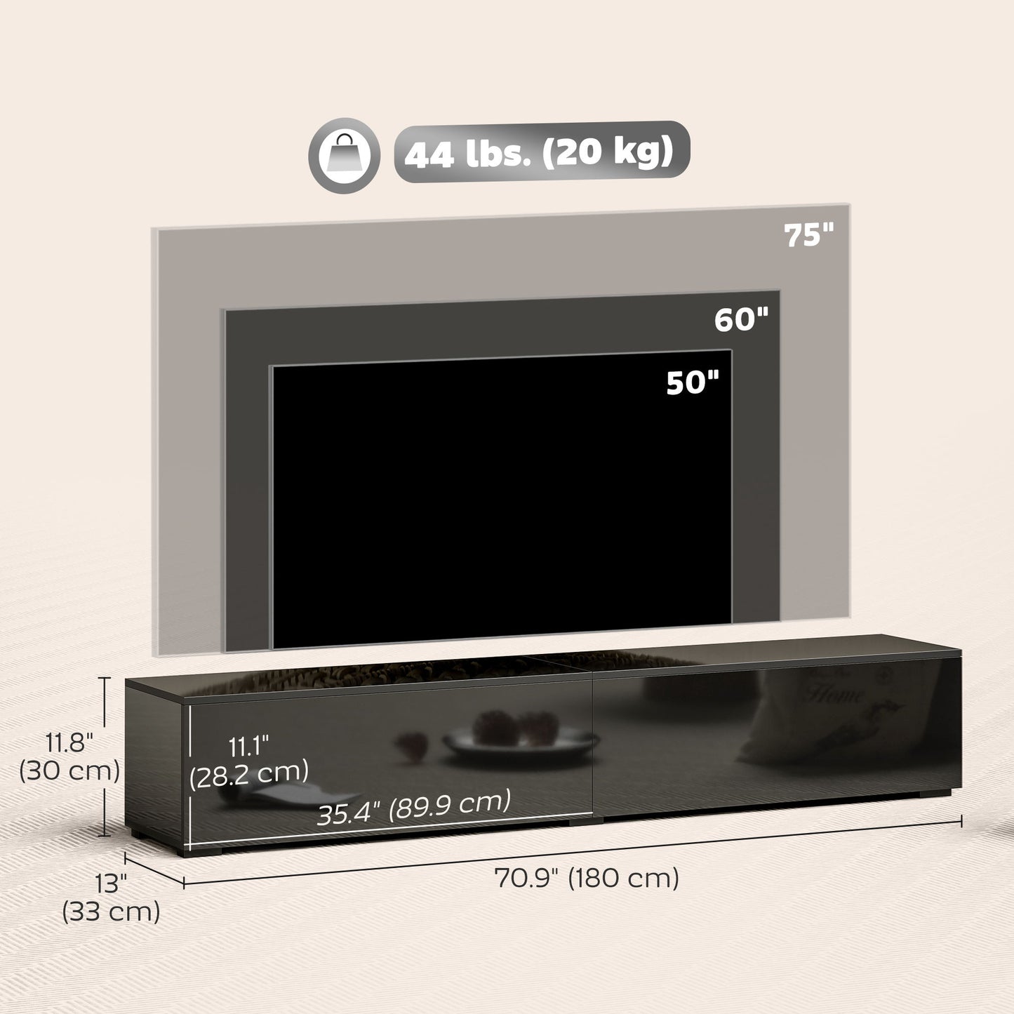 Floating TV Stand for TVs up to 75 Inch, 70.9" TV Cabinet, Entertainment Center with 2 Flip Doors, High Gloss Black