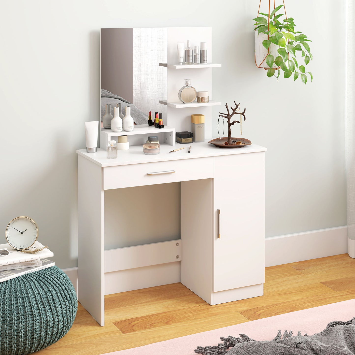 Vanity Desk with Mirror, Makeup Vanity w/ Drawer, Open Compartment and Shelves, Cabinet, Adjustable Shelves for Bedroom