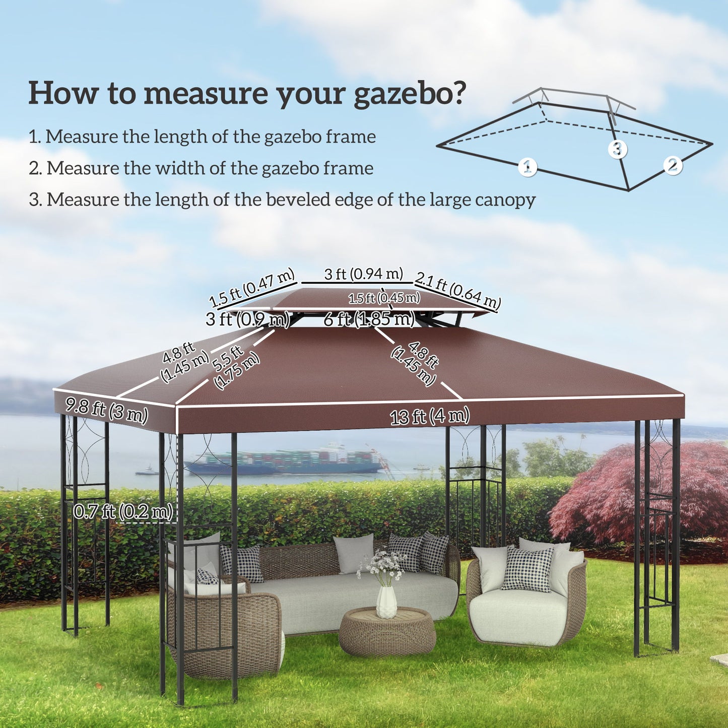 13' x 10' Gazebo Replacement Canopy, 2 Tier Top Roof Garden Pavilion UV Cover, Brown (TOP ONLY)