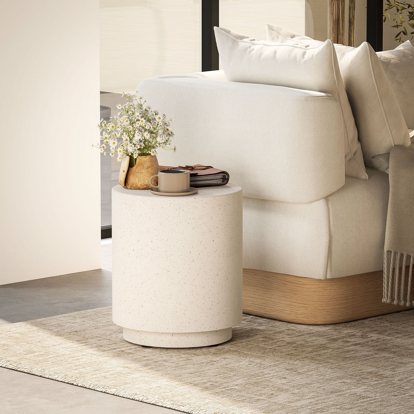 Terrazzo Finish Side Table, 17" Round End Table for Indoor and Outdoor, Cream White